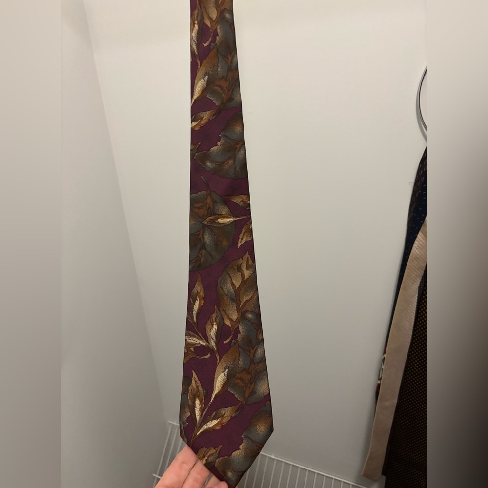Dior Burgundy Tie with Gold and Gray Leaf Design